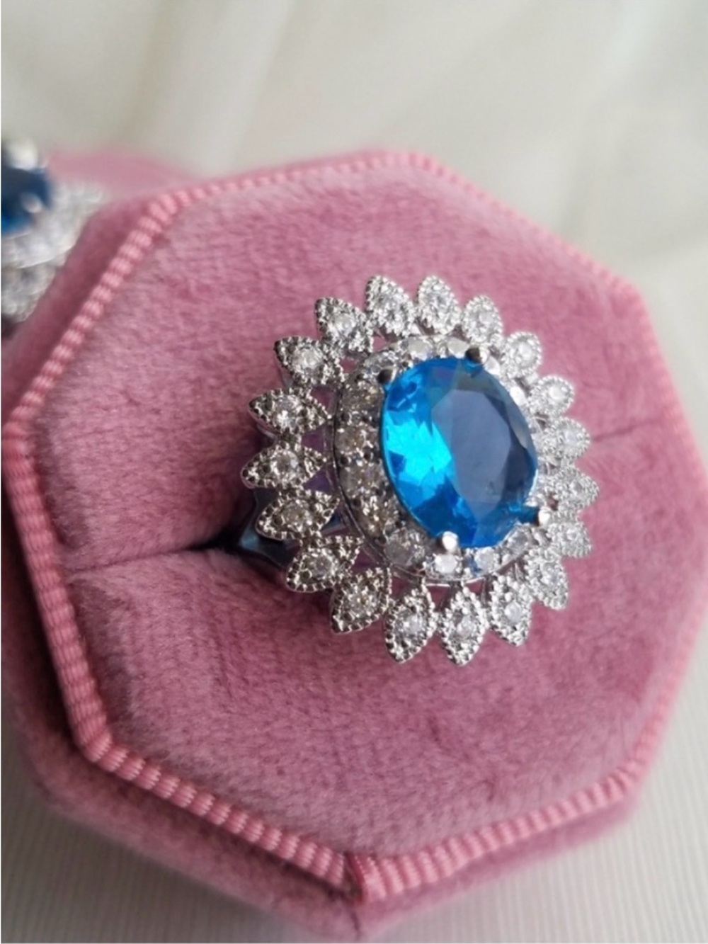 Swarovski Elements 925 Sterling Silver Aquamarine Blue Flower Halo Ring NEW